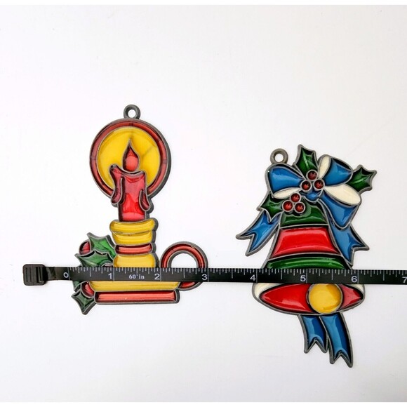 Stained Glass Vintage Suncatcher Christmas Ornament Lot 2 Candlestick & Bell VGC - Picture 5 of 8